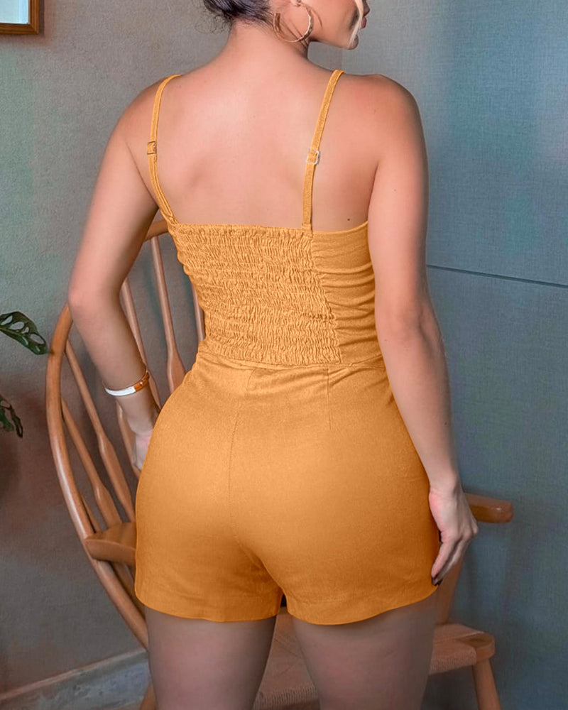 2 Pieces Outfit Spaghetti Strap Button Front Slit Hem Shirred Cami Top and Casual Zipper Fly Elastic Back Waist Slim Fit Shorts Set