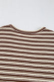 Brown Stripe Textured Side Slits Crew Neck T Shirt