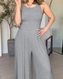 Sleeveless V Waist Slim Fit Ribbed Romper Elegant Pleated Wide Leg Jumpsuit
