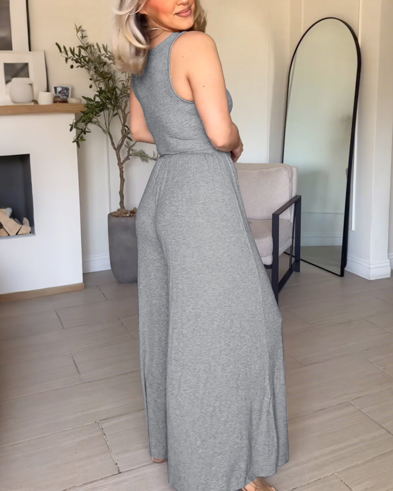 Sleeveless V Waist Slim Fit Ribbed Romper Elegant Pleated Wide Leg Jumpsuit