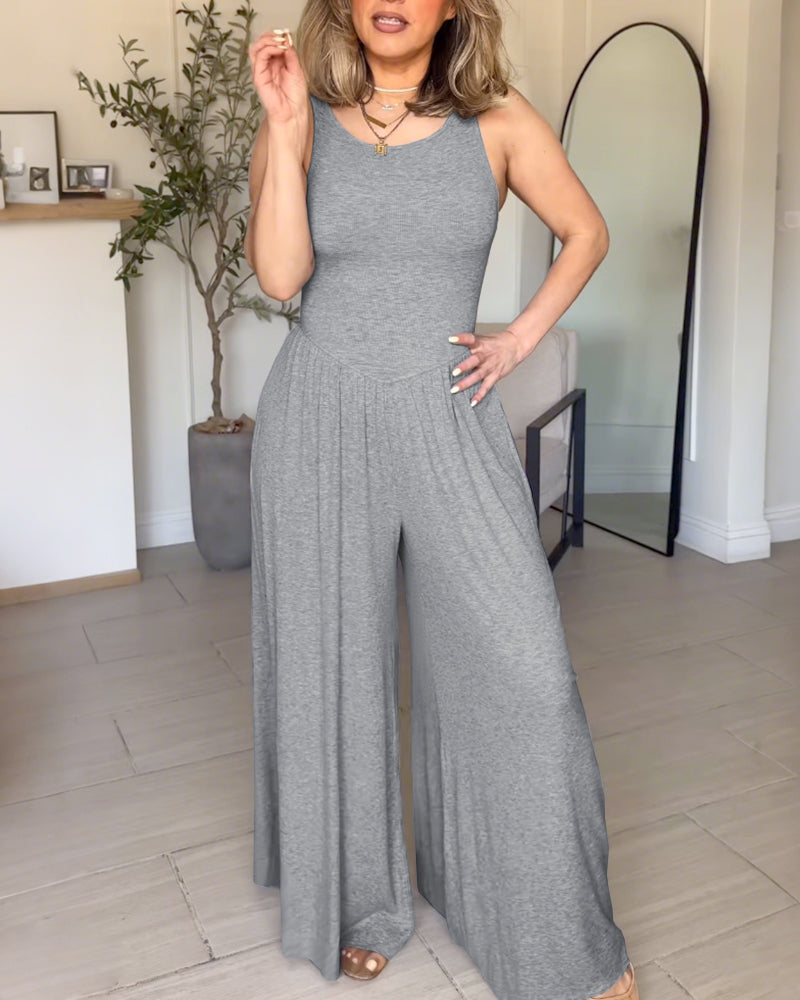 Sleeveless V Waist Slim Fit Ribbed Romper Elegant Pleated Wide Leg Jumpsuit