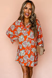 Red Floral Print Lapel Collar Loose Shirt Mini Dress