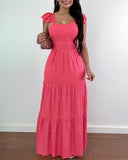 Square Neck Thick Strap Dress Maxi Backeless Ruched Dress