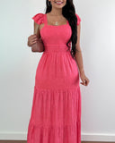 Square Neck Thick Strap Dress Maxi Backeless Ruched Dress