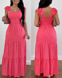 Square Neck Thick Strap Dress Maxi Backeless Ruched Dress