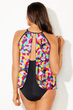 Purple Floral Print O Neck Open Back One Piece Swimsuit
