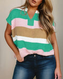 Colorblock V Neck Short Sleeve Sweater
