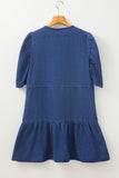 Blue Drawstring High Waist Puff Sleeve Denim Mini Dress