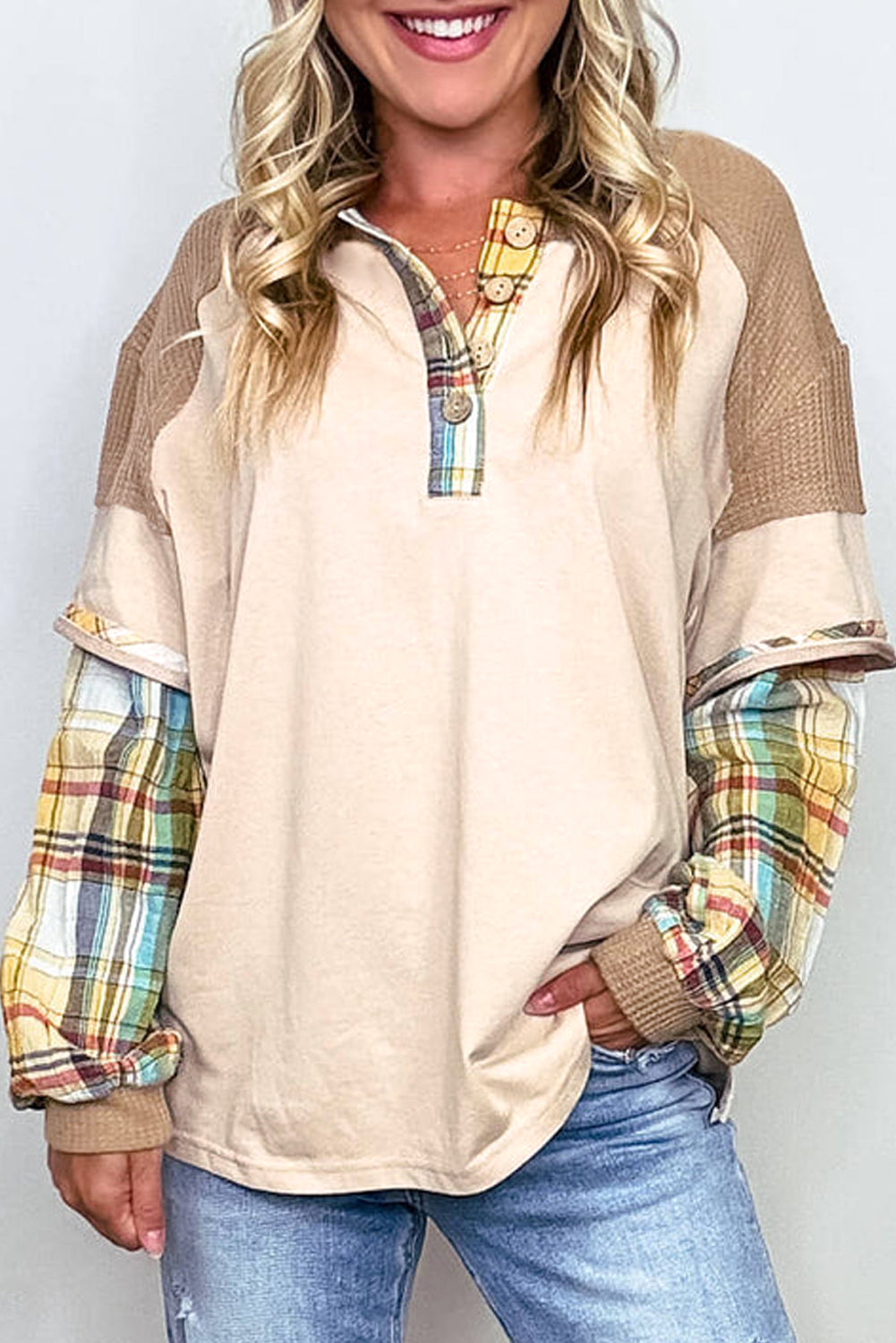 Parchment Plus Size Plaid Patchwork Layered Henley Top