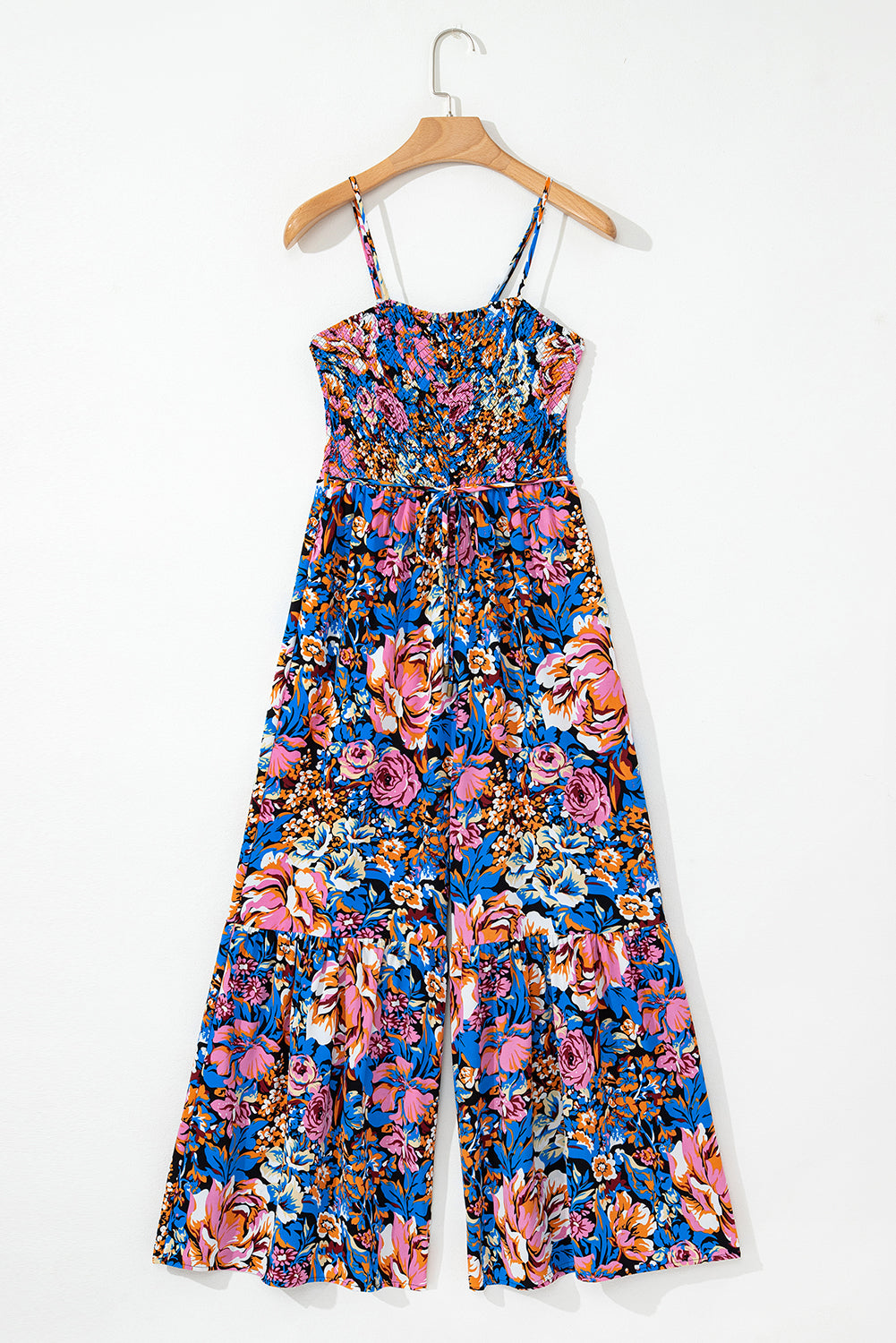 Pink Floral Smocked Bust Spaghetti Straps Wide Leg Jumpsuit