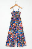 Pink Floral Smocked Bust Spaghetti Straps Wide Leg Jumpsuit