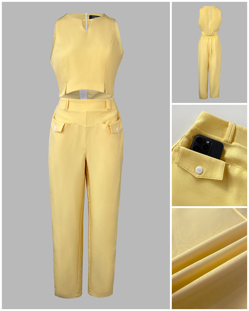 Cold Shoulder Sleeveless Hollow out Top and Casual Pants Set with Pocket