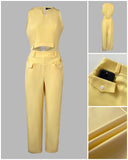 Cold Shoulder Sleeveless Hollow out Top and Casual Pants Set with Pocket