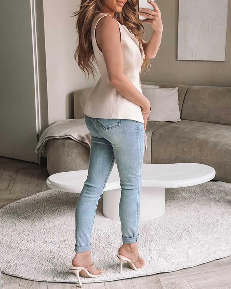 Sleeveless Shell Button Vest Top Casual Slim Fit Tank