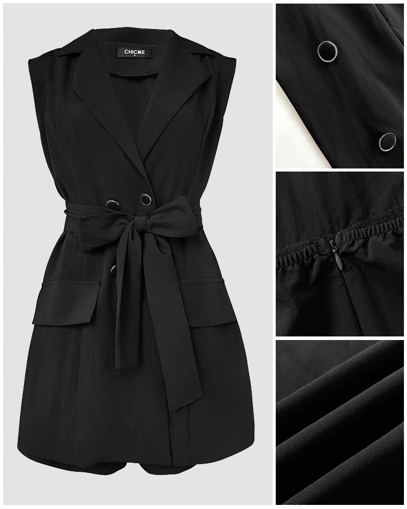 Notched Collar Sleeveless Tied Detail Button Romper