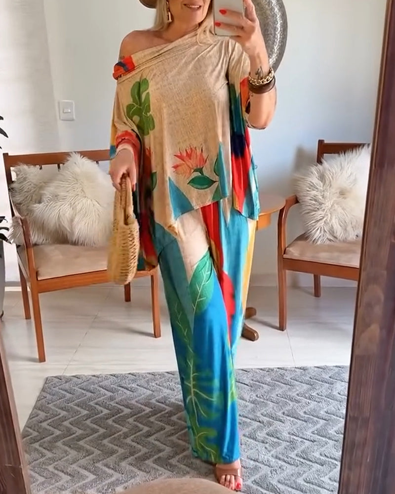 2 Pieces Outfit Plants Print Cold Shoulder Batwing Sleeve Top and Casual Wide Leg Pants Set
