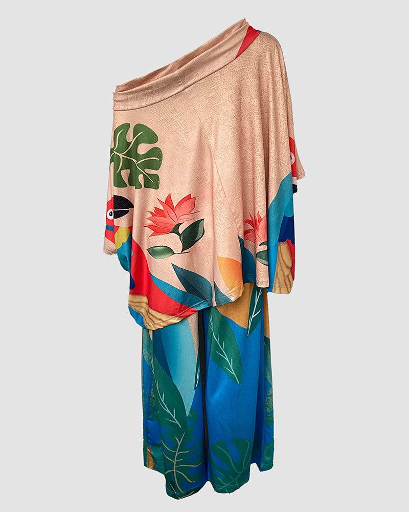 2 Pieces Outfit Plants Print Cold Shoulder Batwing Sleeve Top and Casual Wide Leg Pants Set