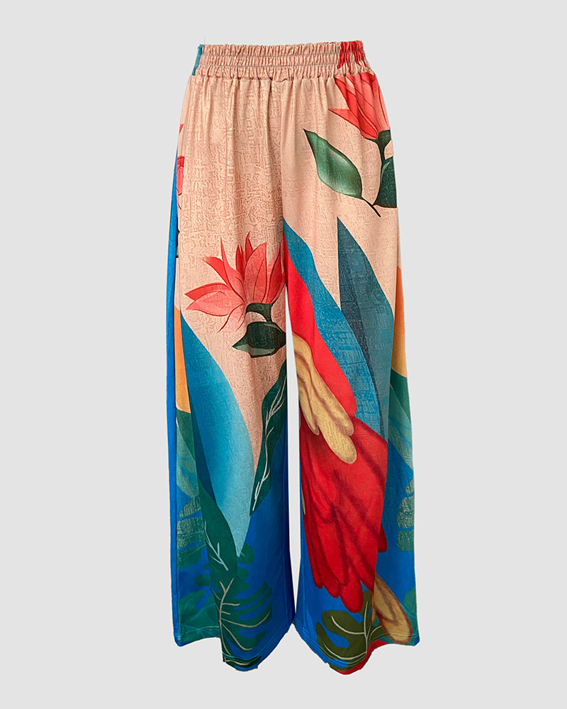 2 Pieces Outfit Plants Print Cold Shoulder Batwing Sleeve Top and Casual Wide Leg Pants Set