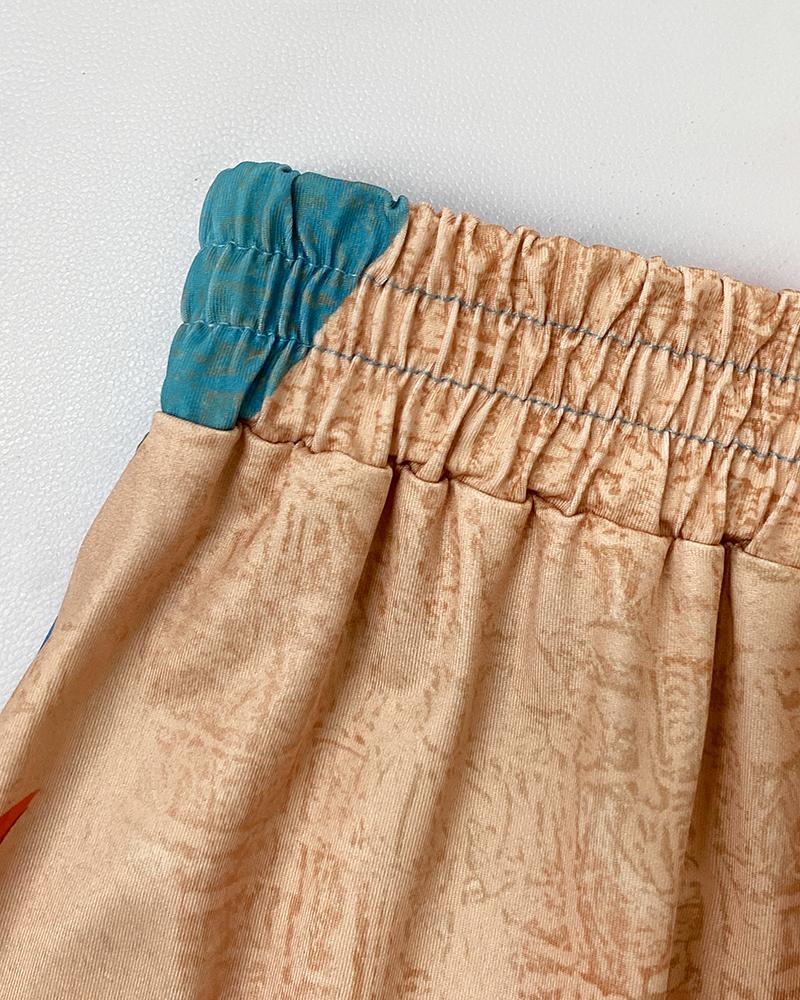 2 Pieces Outfit Plants Print Cold Shoulder Batwing Sleeve Top and Casual Wide Leg Pants Set