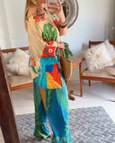 2 Pieces Outfit Plants Print Cold Shoulder Batwing Sleeve Top and Casual Wide Leg Pants Set