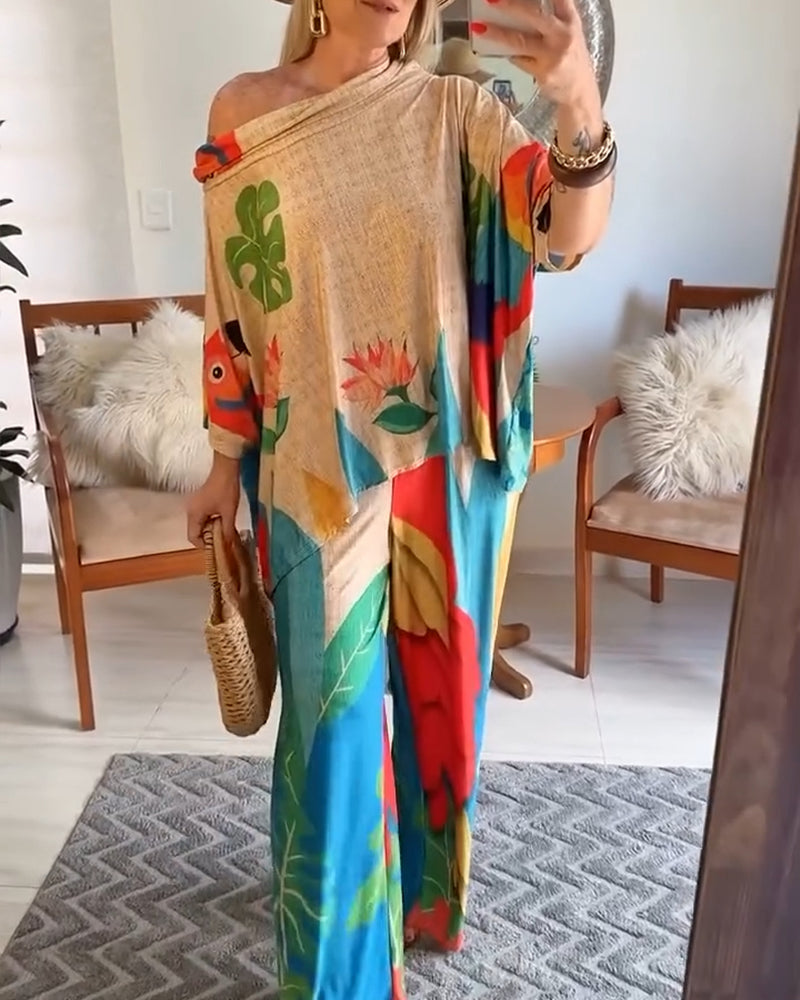 2 Pieces Outfit Plants Print Cold Shoulder Batwing Sleeve Top and Casual Wide Leg Pants Set