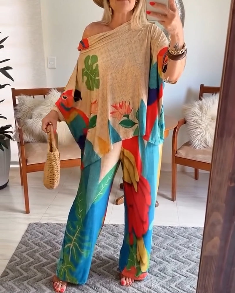 2 Pieces Outfit Plants Print Cold Shoulder Batwing Sleeve Top and Casual Wide Leg Pants Set