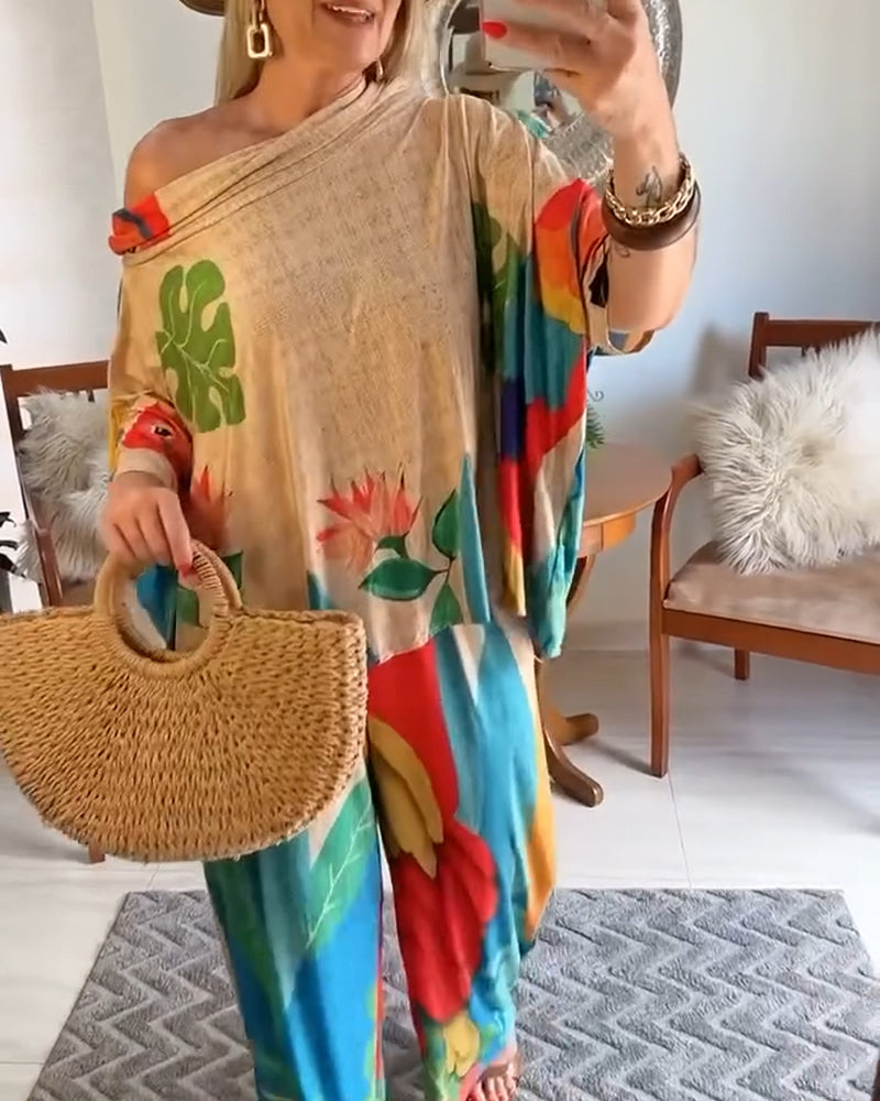2 Pieces Outfit Plants Print Cold Shoulder Batwing Sleeve Top and Casual Wide Leg Pants Set