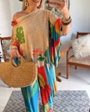 2 Pieces Outfit Plants Print Cold Shoulder Batwing Sleeve Top and Casual Wide Leg Pants Set