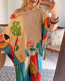 2 Pieces Outfit Plants Print Cold Shoulder Batwing Sleeve Top and Casual Wide Leg Pants Set