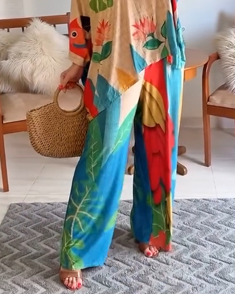 2 Pieces Outfit Plants Print Cold Shoulder Batwing Sleeve Top and Casual Wide Leg Pants Set
