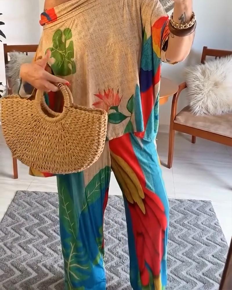 2 Pieces Outfit Plants Print Cold Shoulder Batwing Sleeve Top and Casual Wide Leg Pants Set