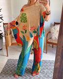 2 Pieces Outfit Plants Print Cold Shoulder Batwing Sleeve Top and Casual Wide Leg Pants Set