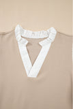 Pale Khaki Contrast V Neck Ruffled Textured Knit Top