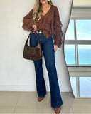 V Neck Shoulder Asymmetrical Ruffles Blouse Casual Button Front Long Sleeve Top