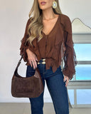 V Neck Shoulder Asymmetrical Ruffles Blouse Casual Button Front Long Sleeve Top