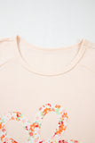 Beige Plus Size Flower Patched Side Slits Crewneck Top