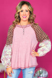 Pink Checkered Paisley Patchwork Raglan Sleeve Seamed Plus Size Top