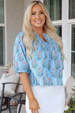 Sky Blue Floral Striped Print Shirred Yoke Split Neck Blouse