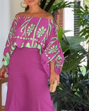 2 Pieces Outfit Tropical Print Lantern Sleeve Cold Shoulder Loose Top and Casual High Waist Fishtail Maxi Skirt Set
