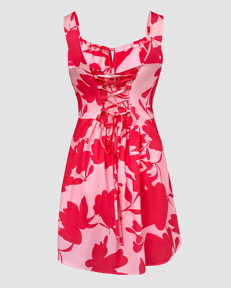 Leopard Square Neck Spaghetti Strap Romper Asymmetrical Lace up Slit Romper