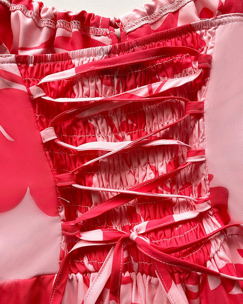 Leopard Square Neck Spaghetti Strap Romper Asymmetrical Lace up Slit Romper