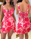 Leopard Square Neck Spaghetti Strap Romper Asymmetrical Lace up Slit Romper