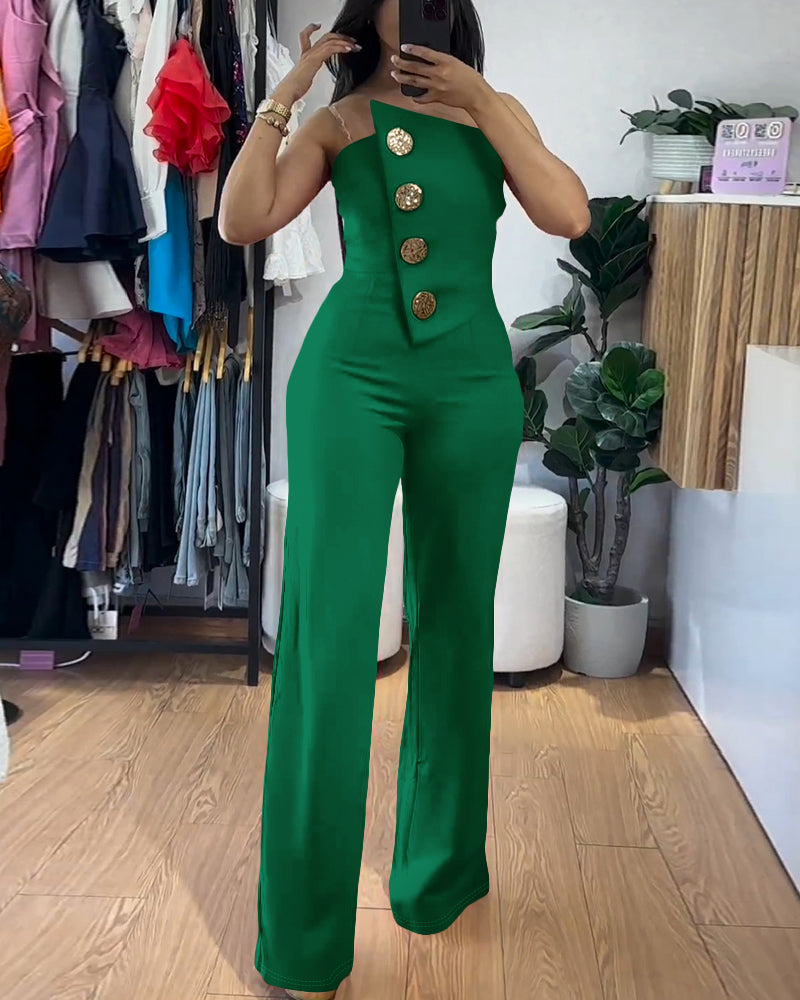 Asymmetrical Bandeau Strapless Jumpsuit Metal Button Decor Casual Overalls