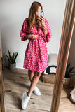 Pink Leopard Print Elasticated V Neck 3/4 Puff Sleeve Dress