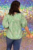 Green Plus Size Floral Tassel Tie Split Neck Puff Sleeve Blouse