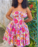 Floral Print Halter Waist Mini Dress Casual Ruched Drawstring Puffy Dress