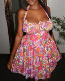 Floral Print Halter Waist Mini Dress Casual Ruched Drawstring Puffy Dress