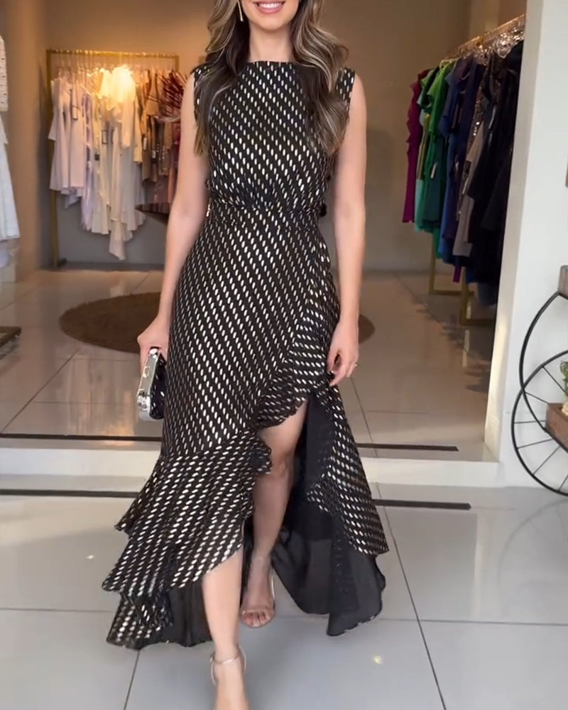 Punching Sleeveless Waist Maxi Dress Elegant Asymmetrical Ruffles Slit Skinny Dress