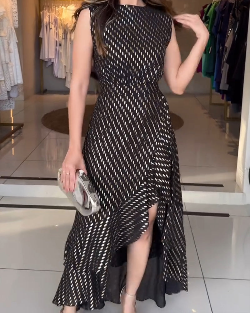 Punching Sleeveless Waist Maxi Dress Elegant Asymmetrical Ruffles Slit Skinny Dress