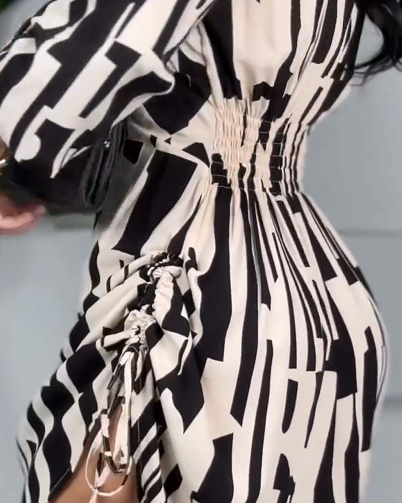 All Over Print Side Drawstring Twisted Shirt Dress